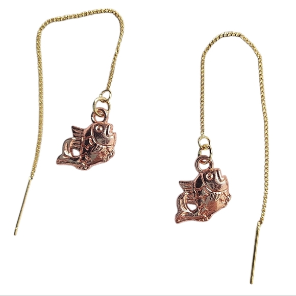 18K Gold Plated Brass Threader Earring Gold Fish Hook Charm Earrings - Picture 3 of 3